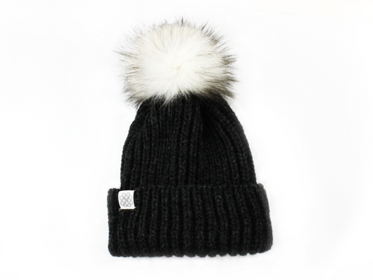 Faux Fur Pom Pom Wool Bobble Hat - Charcoal Black