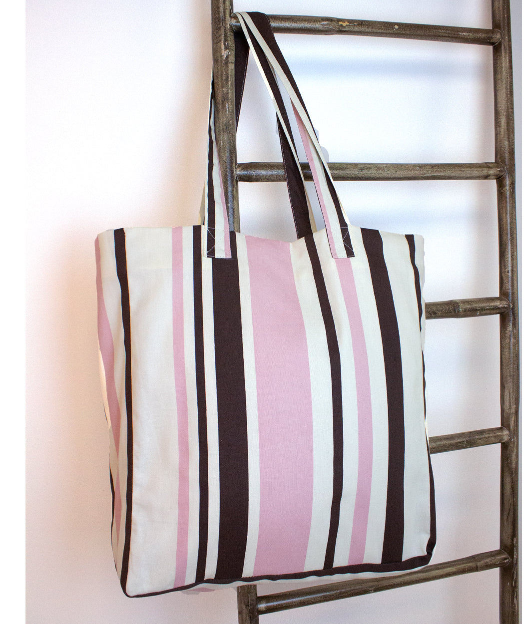 Striped Cotton Shopper Bag - Pink & Chocolate