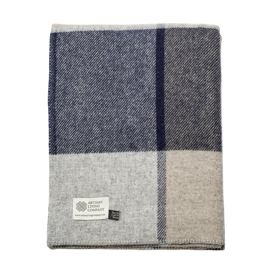 Bold Check Pure New Wool Throw – Navy & Beige