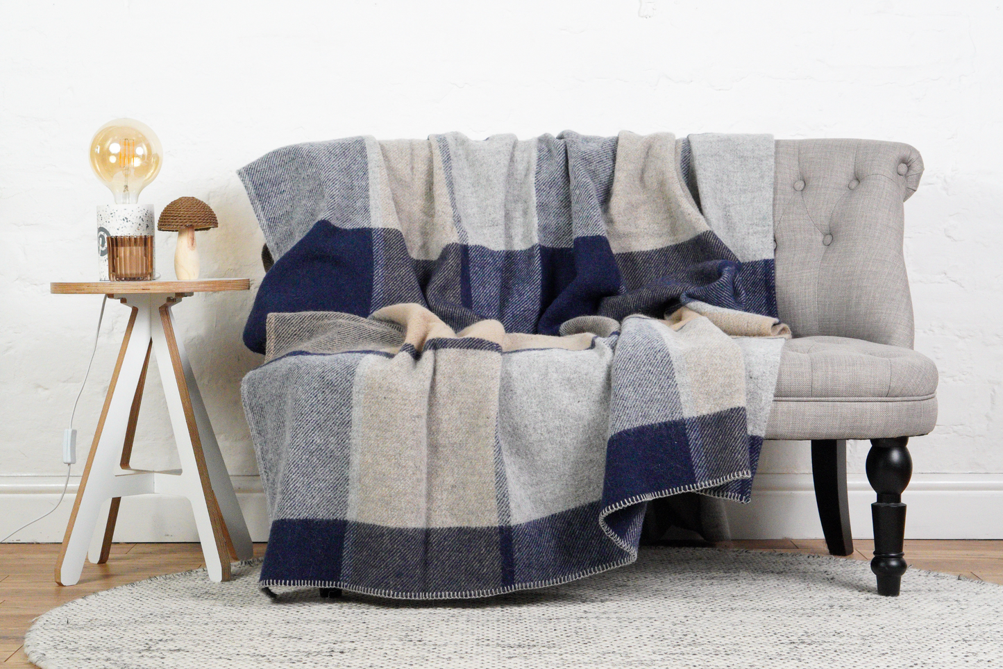 Bold Check Pure New Wool Throw – Navy & Beige
