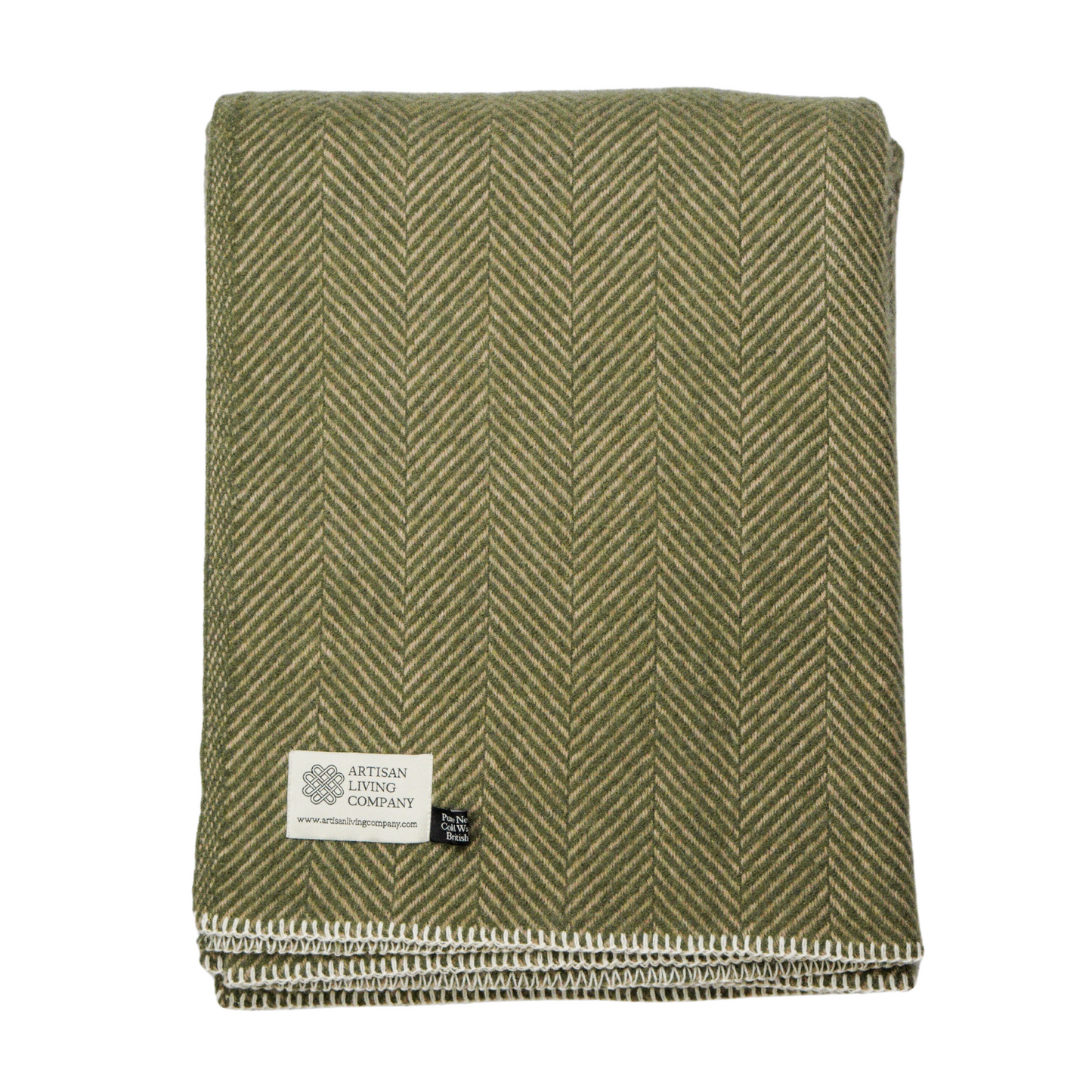 Herringbone Pure New Wool Throw – Beige & Olive Green