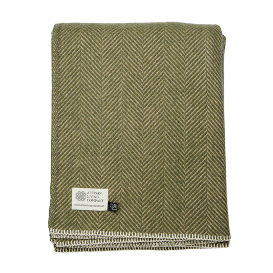 Herringbone Pure New Wool Throw – Beige & Olive Green