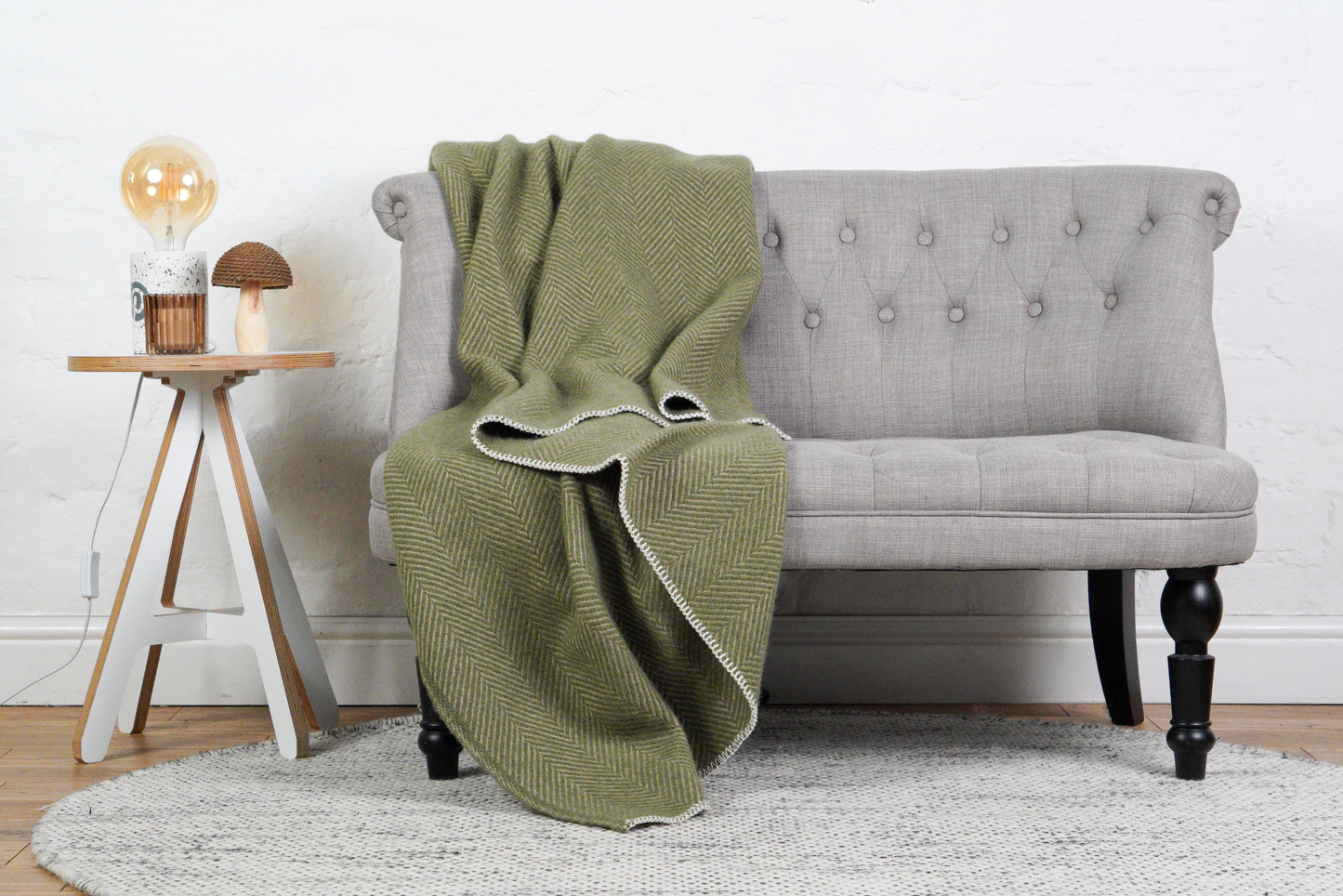 Herringbone Pure New Wool Throw – Beige & Olive Green