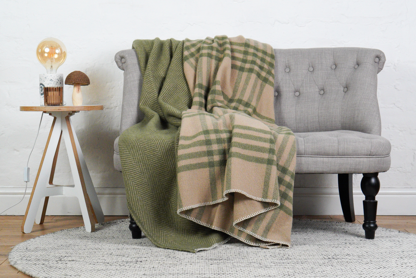 Herringbone Pure New Wool Throw – Beige & Olive Green
