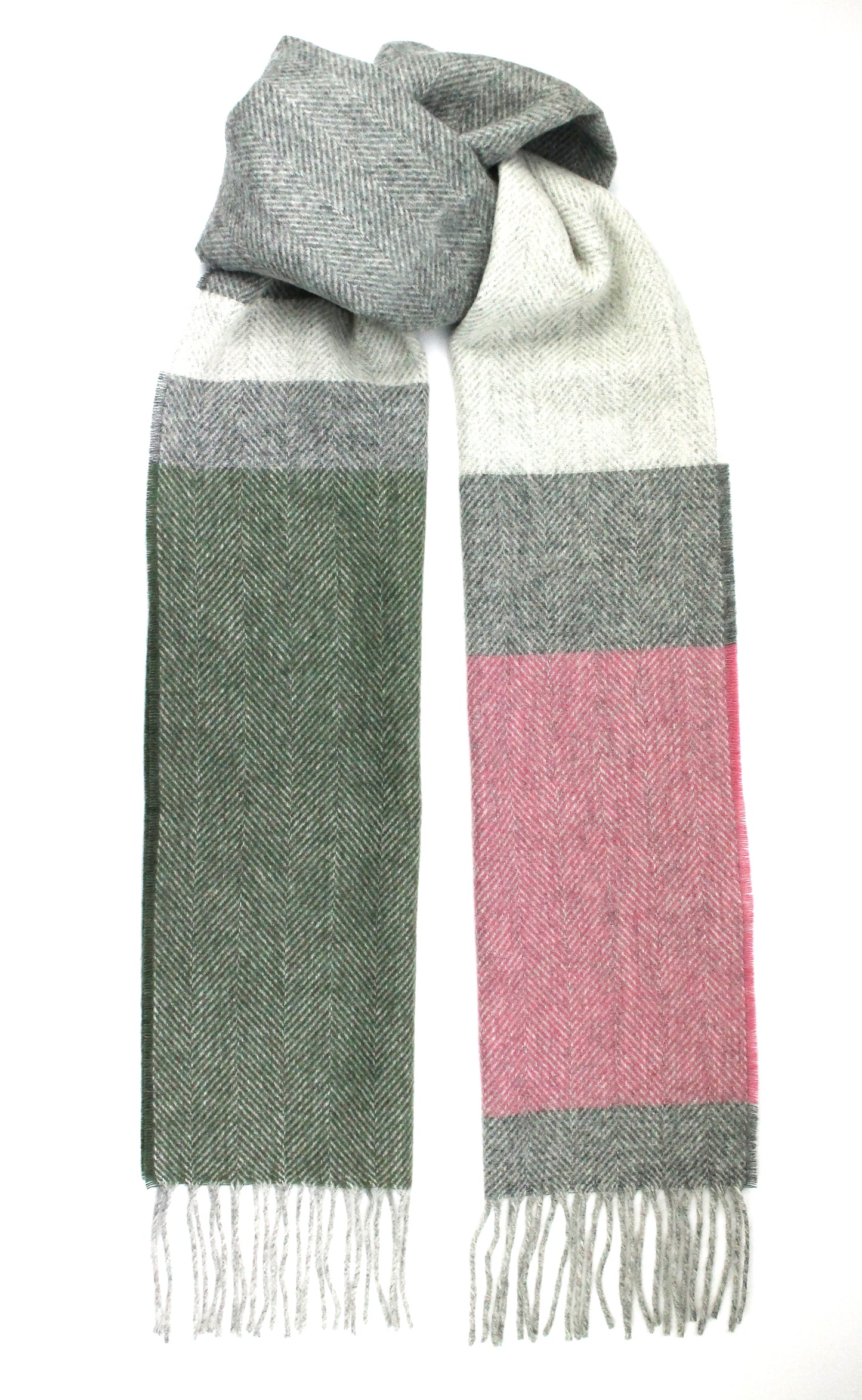 Lambswool Panel Herringbone Scarf - Pink & Green