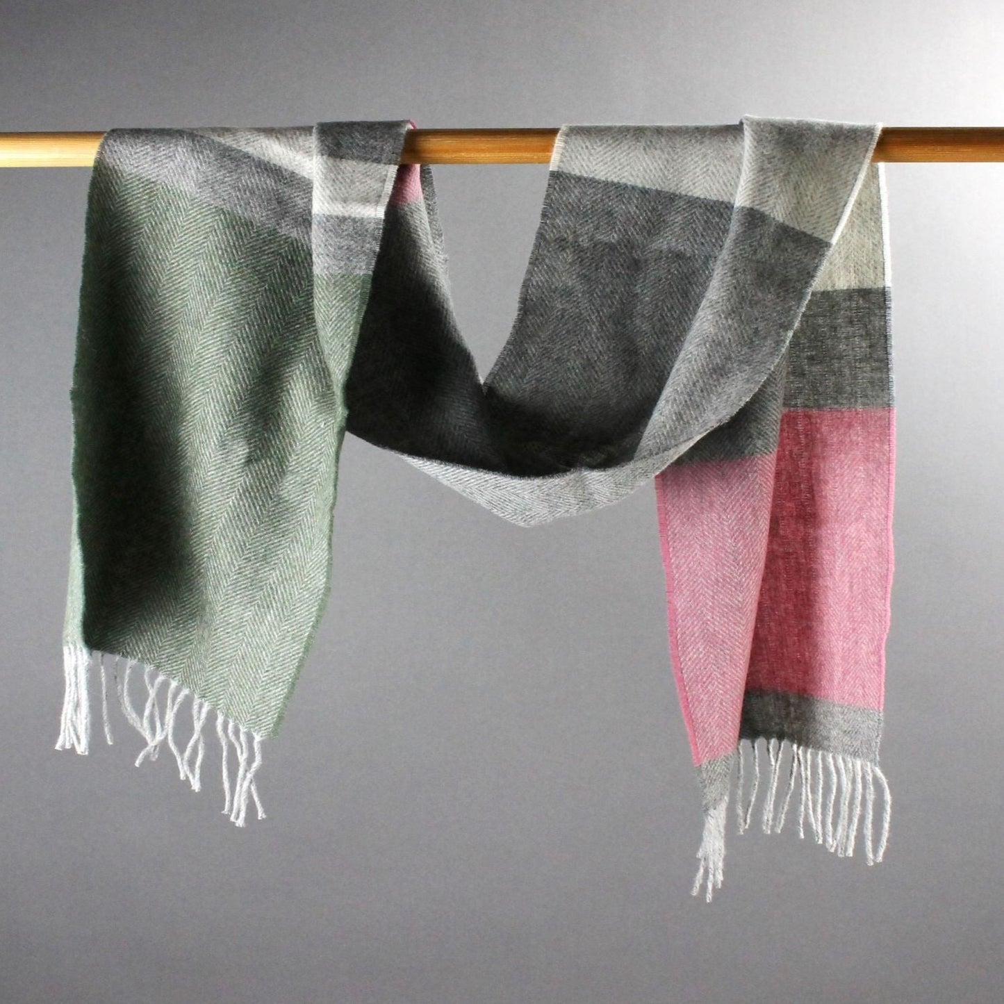 Lambswool Panel Herringbone Scarf - Pink & Green