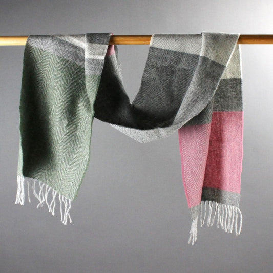 Lambswool Panel Herringbone Scarf - Pink & Green