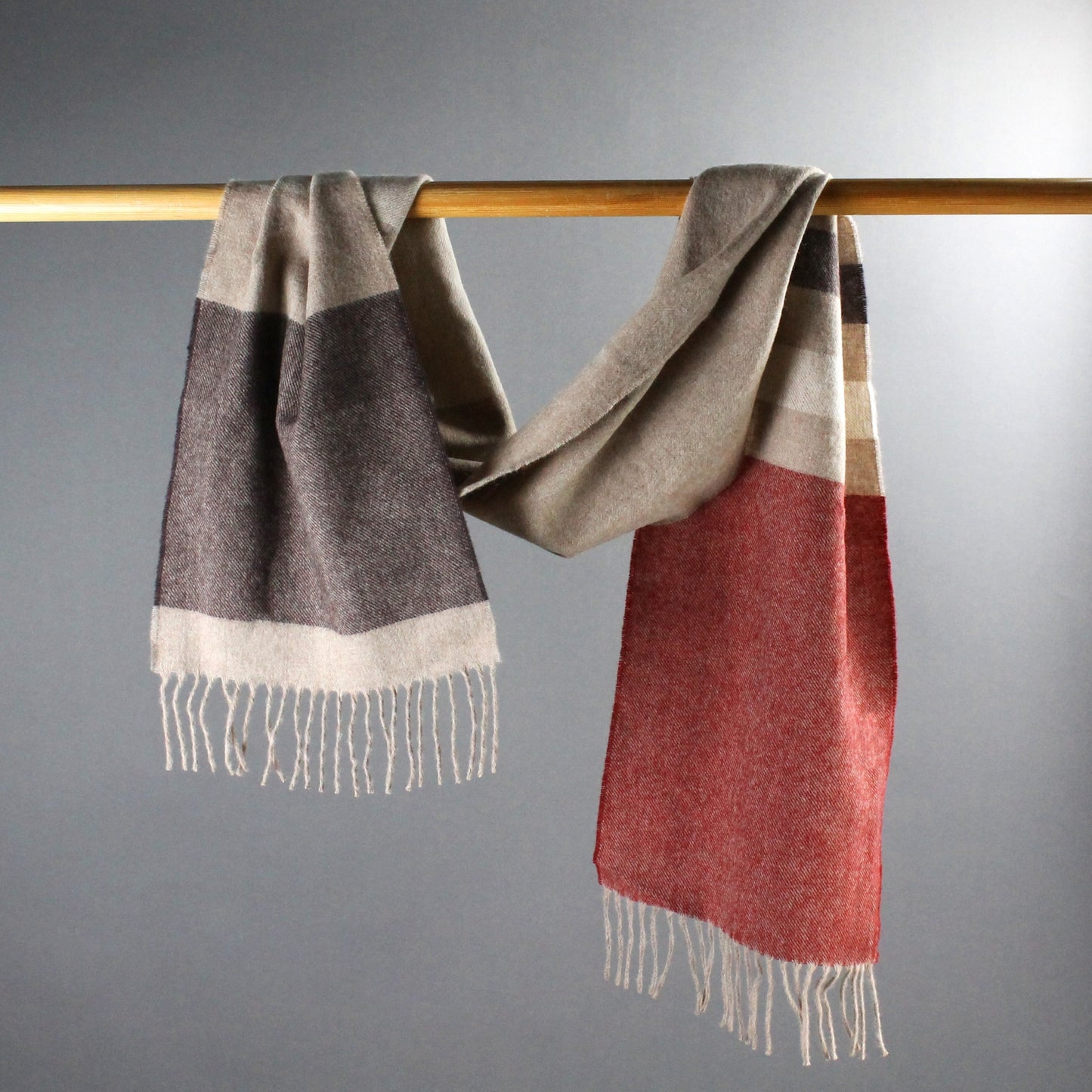 Lambswool Panel Herringbone Scarf - Brown & Red