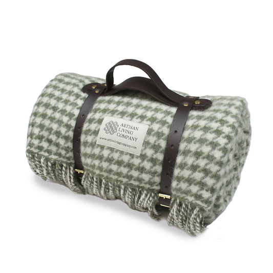 Houndstooth Olive Pure New Wool Polo Picnic Blanket